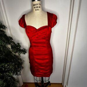 GUESS Cherry Red Ruched, Sweetheart Neck, Satin Bodycon Mini Dress Size 8